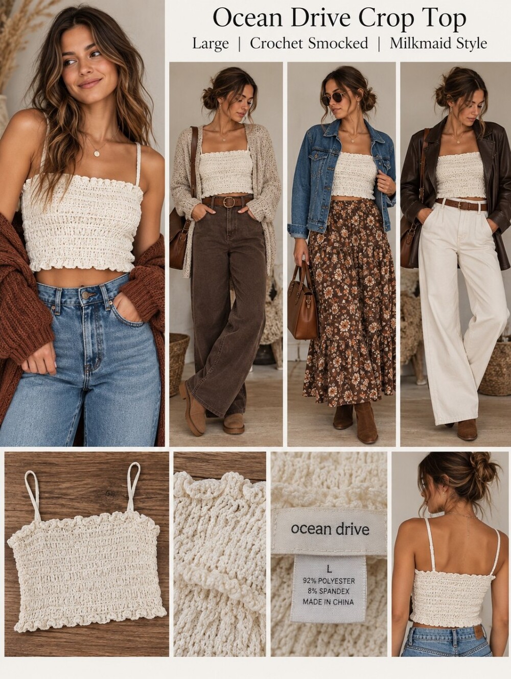 Ocean Drive Crop Top Large Crochet Smocked Coastal Cottage Festival Milkmaid